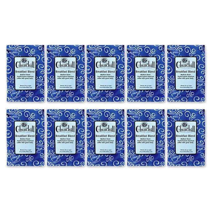 Churchill Coffee Breakfast Blend 10 Portioned Packs -1.5 oz each - Ground Unflavored Coffee