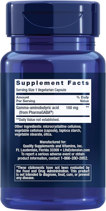Life Extension GABA Stress Support GABA Supplement Mood Support Sleep Relaxation Gluten-Free Non-GMO Vegetarian 60 Capsules