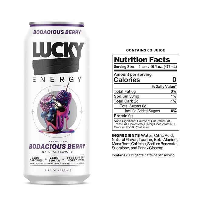 Lucky Energy Sugar Free Energy Drinks Bodacious Berry 16oz Cans (12-Pack) Healthy Zero Sugar Energy Drink with Maca Ginseng Beta-Alanine Taurine &amp 200mg Caffeine
