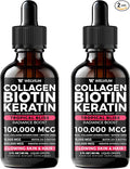 Liquid Biotin and Collagen Peptide Complex with Keratin Hyaluronic Acid MCT Oil Zinc Vitamins B6 B7 B12 A C D3 E - Hair Skin and Stronger Nails Supplement - 2 Pack