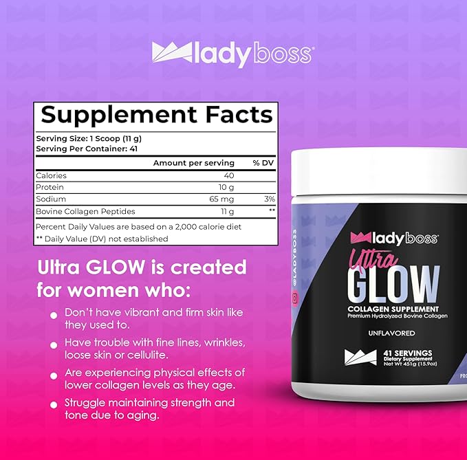 LadyBoss - Ultra Glow Collagen Supplement - Premium Hydrolyzed Bovine Collagen - Unflavored - 41 Servings