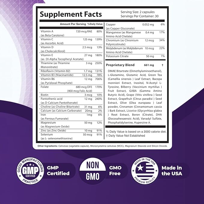 Memopezil – Daily Supplement with Vitamins AB CDE Minerals &amp Botanical Extracts – Clean Stimulant-Free Formula – GMP-Certified Non-GMO Made in USA - 60 Capsules 30 Servings 2 Month Suppl