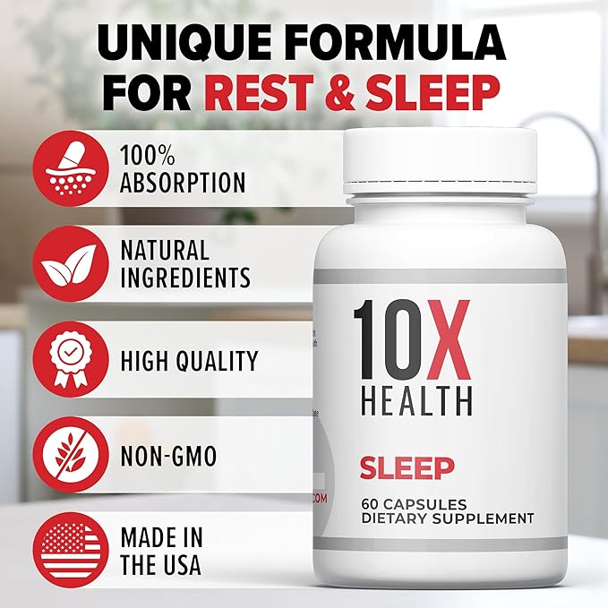 10X Health Sleep Supplements for Adults - 60 Capsules - Melatonin 3mg L Theanine Magnesium Supplement Magnesium Oxide for Deep Better Rest &amp Relaxation - 3-in-1 Natural Sleep Support