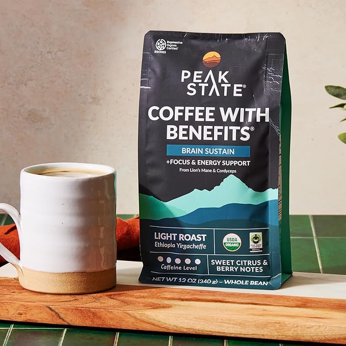 Peak State Brain Sustain Coffee with Benefits Dark Roast – Organic Mushroom Coffee Low Acid and Smooth Sweet Citrus and Lemon Flavor Whole Bean Gluten Free 12 oz