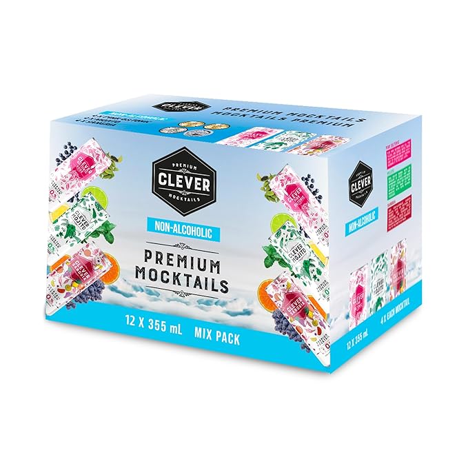 CLEVER - Nonalcoholic Mocktails Mix Pack 3 Mocktails Non-alcoholic Drinks: Mojito Sangria &amp Pink G &amp Tonic Low-Calorie All-Occasion Refreshing Beverages Pack of 12 (4 Cans per Variant 12