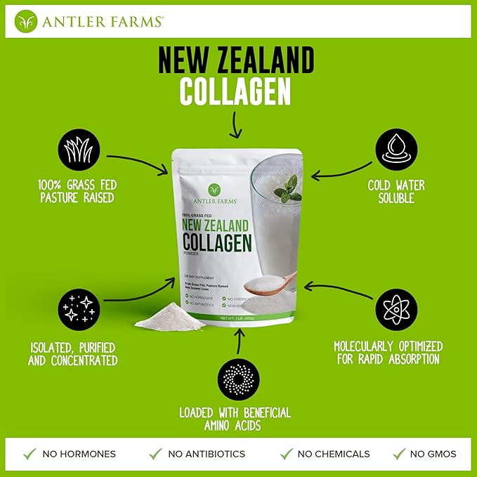 Antler Farms - 100% Pure New Zealand Collagen Powder from Grass Fed Cows Unflavored 1 lb - Hydrolyzed Cold Water Soluble Peptides Keto Friendly Bioavailable Quick Dissolving