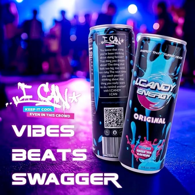 I.CANDY Energy Drink Original 24 Pack 12 oz Cans Bulk Energy Drinks Case Classic Flavor 114mg Caffeine Smooth Clean Energy No Crash