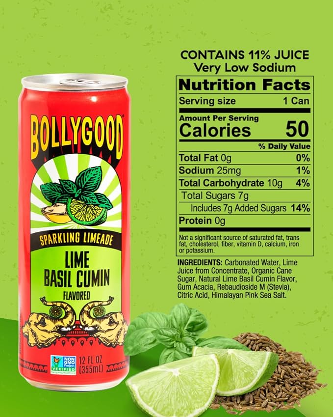 Bollygood Sparkling Limeade Lime Basil Cumin Indian Inspired Beverage Nimbu Pani No Artifical Colors or Flavors Non-GMO Project Verified 12 FL OZ Cans (Pack of 12)