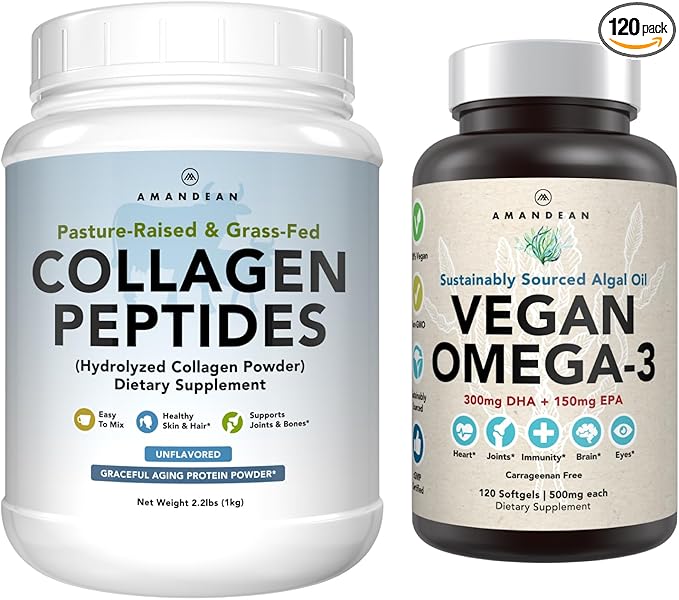 Healthy Skin &amp Joints Bundle - Premium Vegan Omega-3 (120 Capsules) from Marine Algae + Grass-Fed Collagen Peptides Powder (1kg - 100 Servings) Non-GMO. Radiant Skin Joints Bones &amp Graceful