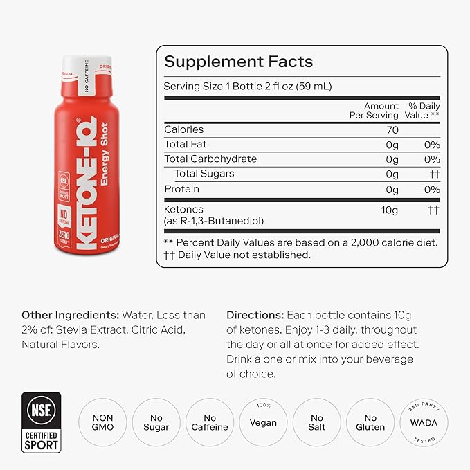 Ketone-IQ No Caffeine Exogenous Ketones Energy Shots - 24 Pack of Caffeine Free Energy Drinks with 10g Ketones - Sugar Free Salt Free and All Natural (Original)