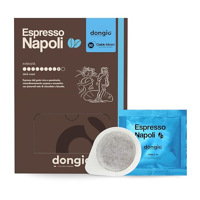 Dongiò Caffè Espresso Napoli - 50 Easy Serving Espresso Pods (ESE 44mm) - Dark Roast Coffee (Intensity 9/10) - Roasted and Blended in Italy