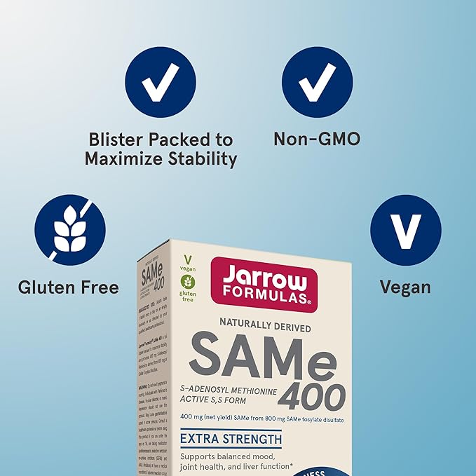 Jarrow Formulas SAMe Supplement 400 mg - 30 Tablets - High Concentration of Active SS Form - Supports Joint Health Liver Function Brain Metabolism Balanced Mood &amp Antioxidant Defense - 30 Serv
