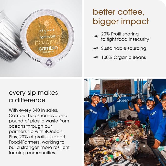 Cambio Roasters Hazelnut Light Roast Organic Coffee Pods - The Only Organic Recyclable Aluminum Coffee Pods Small Batch Roasted Keurig® Compatible Nutty Flavor &amp Longer Lasting Freshness 60 Co