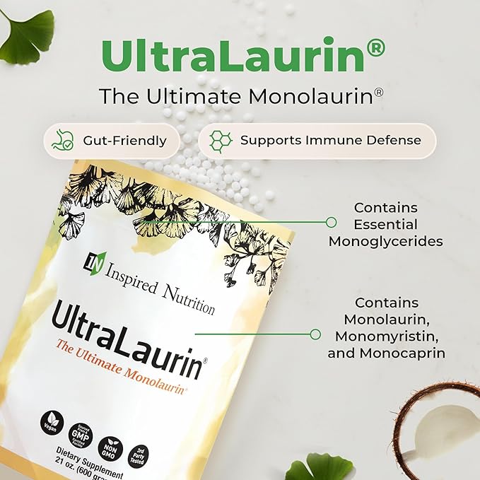UltraLaurin® Monolaurin Supplement – 3000 mg Coconut-Derived Pellets for Immune &amp Gut Health Support Digestive Wellness – 21 oz / 200 Servings – Vegan Non-GMO Natural Immune &amp Digestive Su