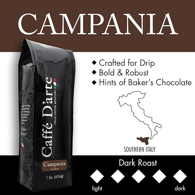 Caffe D’arte Campania Whole Bean Coffee – Dark Roast Bold &amp Robust Roasted in Seattle Crafted for Drip Coffee Makers 1 lb