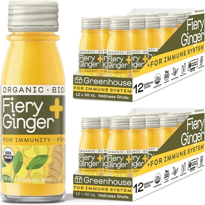 Greenhouse Juice Organic Fiery Ginger Wellness Shots 24-Count 60ml Glass Bottles | Vegan &amp Gluten-Free