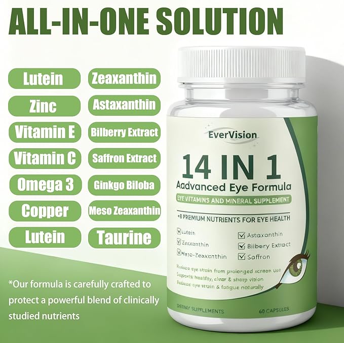 14 in 1 Advanced Eye Formula Eye Vitamin and Mineral Supplement with Zinc Lutein Zeaxanthin &amp Bilberry Extract 60ct