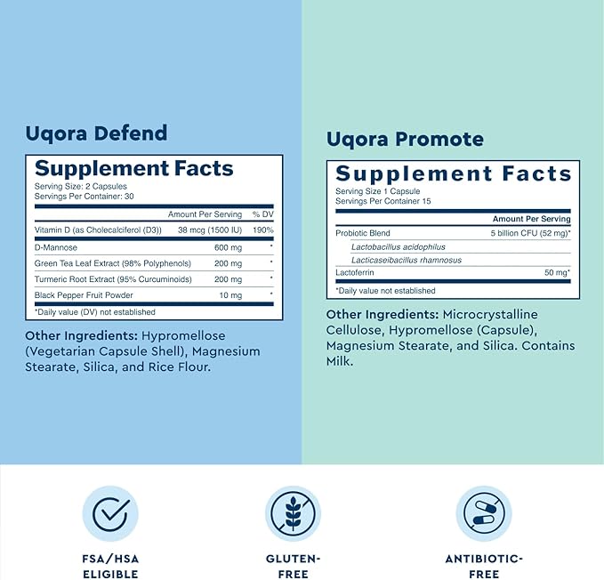 Uqora Defend &amp Promote - Urinary &amp Vaginal Health Supplement Bundle for Daily Support - Supports Vaginal Health Bladder Wall Integrity &amp Cleanses Biofilm** - Easy to Consume - One-Month S