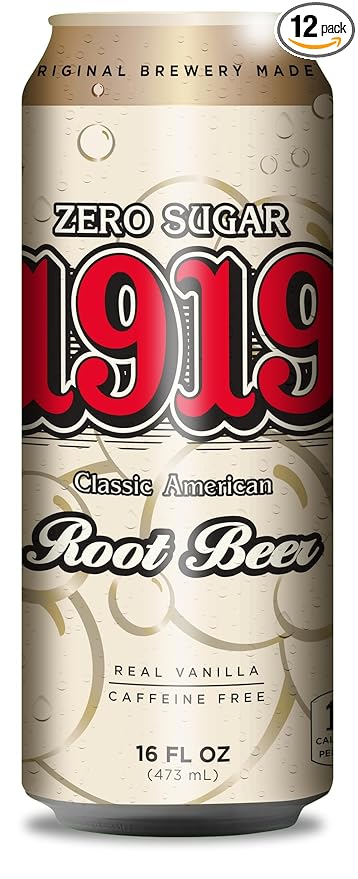 1919 Zero Sugar Draft Root Beer Soda 16oz Cans Caffeine-Free Sugar Free and Real Vanilla Small Batch Creamy Full Bodied Family-Founded Birthday Parties Sporting Events Made in USA 12-Pack