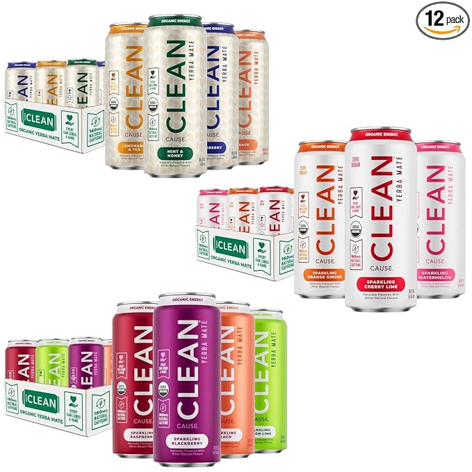 NEW! CLEAN Cause Non-Carbonated Low Calories Low Sugar &amp Zero Calorie Zero Sugar Variety Packs USDA Organic Yerba Mate Tea (15.5oz cans 3-12-Pack Case) 160mg Caffeine