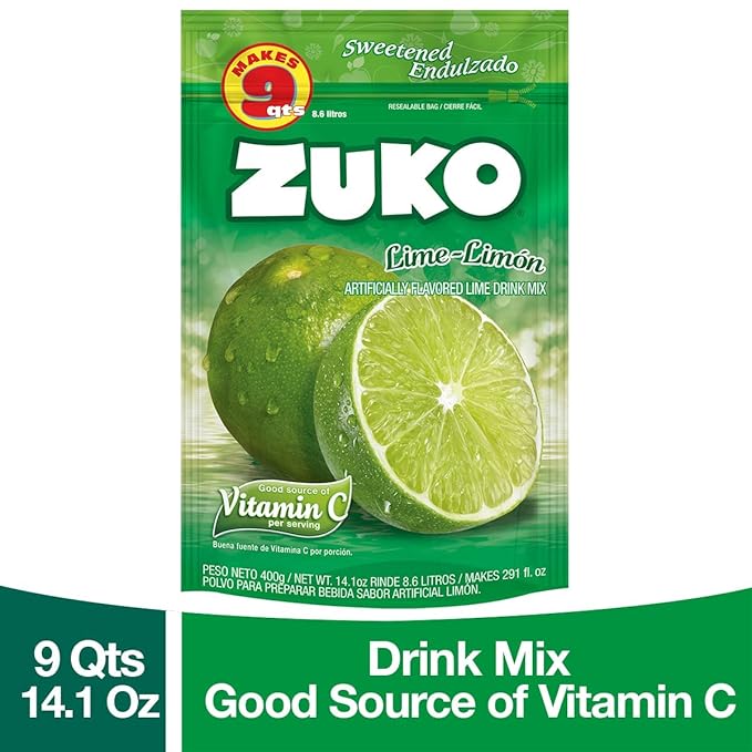 ZUKO Lime Instant Powder Drink Family Pack No Sugar Needed Vitamin C 14.1 Oz (Pack of 6)