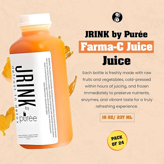 JRINK by Purée Farma-C Juice Cleanse Cold Pressed Detox Drink with Lemon Ginger Organic No Preservatives Vegetable and Fruit Juice Healthy Cleanse Raw Juice Detox 16oz Bottles Pack of 24