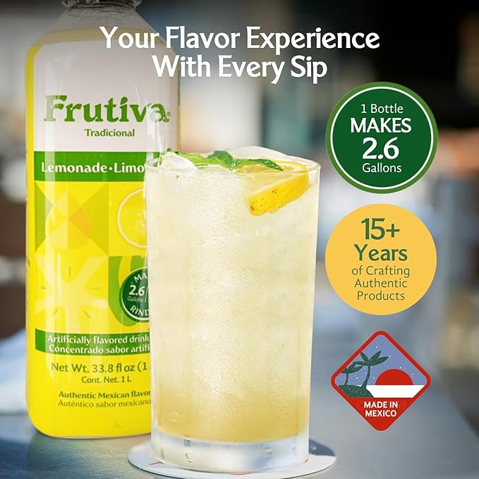 Frutiva Authentic Lemonade Drink Mix | Made in Mexico with Cane Sugar | Aguas Frescas Concentrate Makes 2.6 Gallons Per Bottle | No High Fructose Corn Syrup | Perfect for Drinks Desserts &amp More |