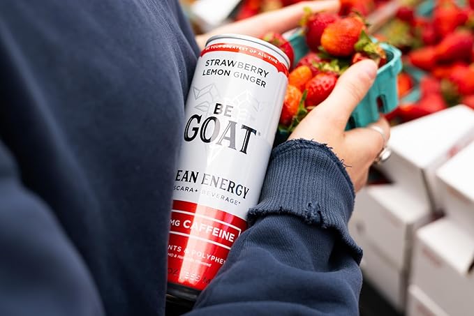 BeGOAT Clean Energy | Strawberry Lemon Ginger | 6 Ingredients Plant-Based Non-GMO Vegan | 200mg Natural Caffeine | 12 fl oz Cans (Pack of 12)