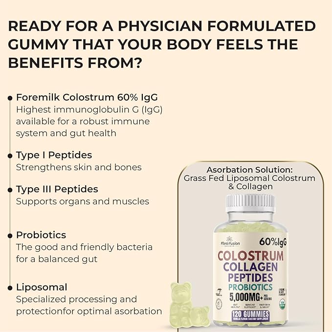 Colostrum Gummies I Collagen Peptides I Probiotics 5000+ mg w/ 60% IgG I Immunity Support &amp Gut Health - Liposmal Technology - U.S. Sourced Superfood - Grass-Fed Bovine - 120 gummies (Vanilla Flav
