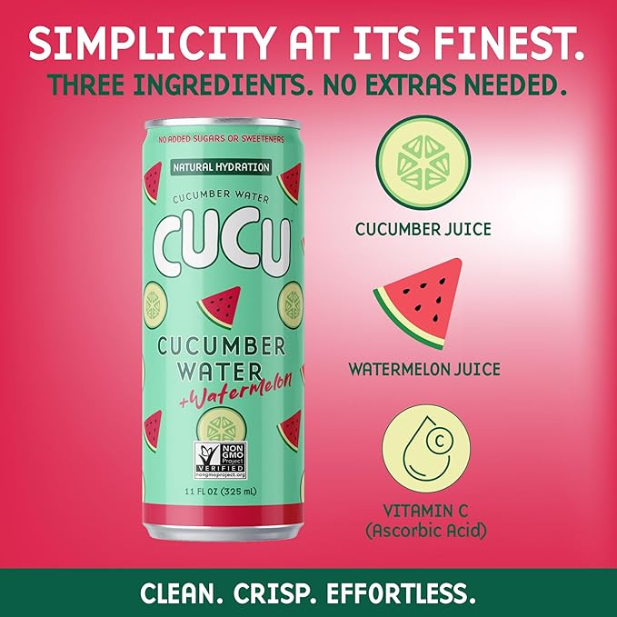 CUCU Pressed Cucumber + Watermelon Water – Real Juice from Fresh Cucumbers and Watermelons with Vitamin C Electrolytes &amp Antioxidants – No Sugar Added Non-GMO – 11 fl oz Cans 12 Pack