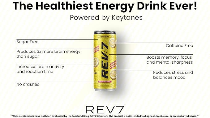 REV7 Energy Drink Caffeine Free Zero Sugar Powered by goBHB Ketones Green Apple - 12ct