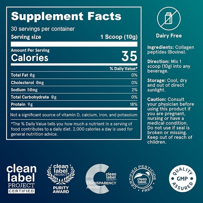 Puori Pure Collagen Peptides Powder Unflavored - 10g of Grass-Fed Hydrolyzed Bovine Collagen Supports Skin Health Hair &amp Nail Strength Joint Pain &amp Mobility Support - 30 Servings