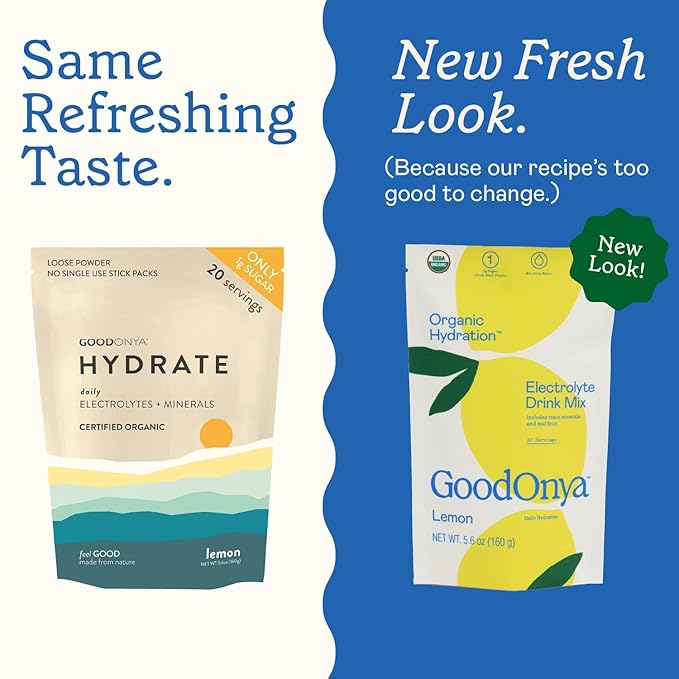 GOODONYA Organic Hydration Electrolyte Drink Mix Certified Organic Hydration Powder Non-GMO Biochecked Glyphosate Free Low Sugar Lemonade Flavor No Artificial Flavors 20 Servings