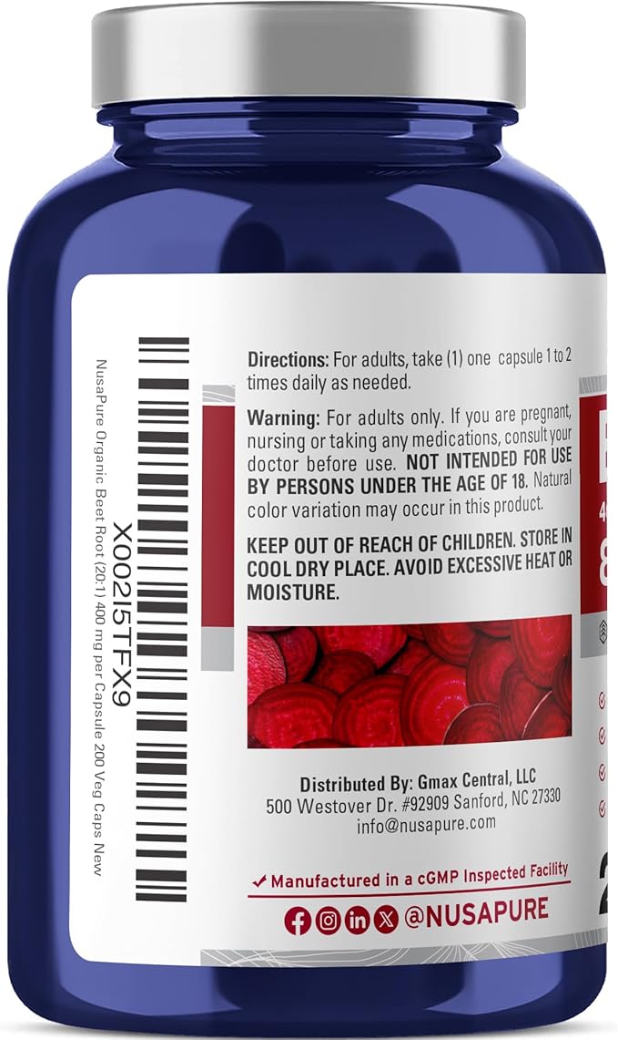 NusaPure Organic Beet Root 400 mg 200 Veg Capsules (Vegan Non-GMO)