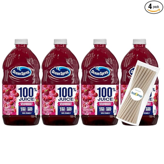 Ocean Spray 100% Cranberry Raspberry Fruit Juice No Added Sugar 64 fl oz 4 Pack + 15 Sugarcane Disposable Straws by KOOL8SHOP Infinite Deals