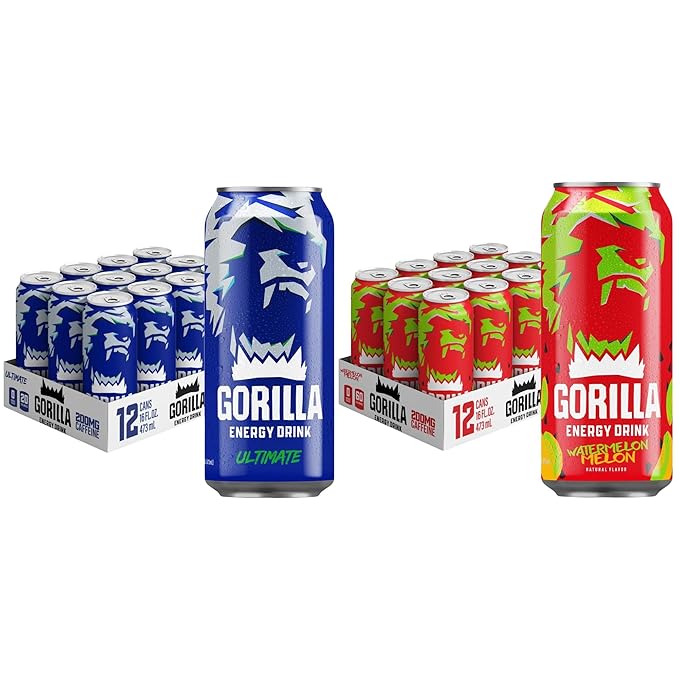 Gorilla Energy Original &amp Watermelon Melon Energy Drink 200mg Natural Caffeine Real Fruit Juice Squeezed &amp Concentrated No Added Sugar and No Artificial Colors 24 Cans