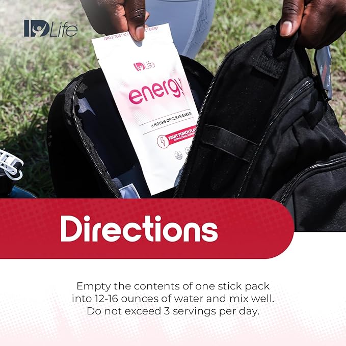 IDLife Energy - Fruit Punch - Sustained Energy Boost with Powder Healthy Drink for Work Gym &amp Daily Use No Jitters or Crash - 15 Sticks per Bag