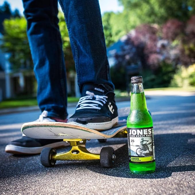 Four(4) Bottles - Jones Soda Co. Green Apple Soda Flavor | 100% Cane Sugar Soda | Craft Soda Pop | Soda Soft Drinks | Glass Bottle Soda