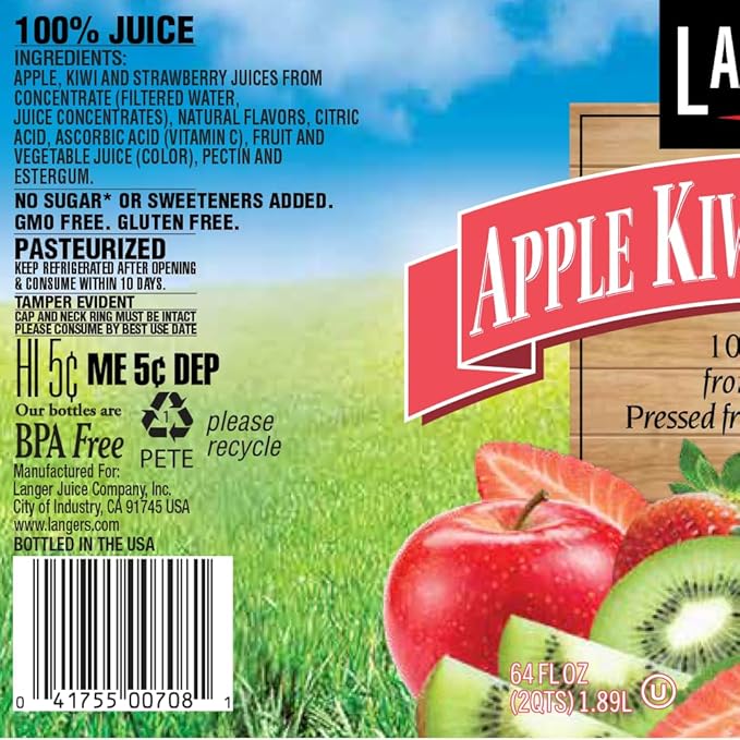 Langers 100% Juice with Vitamin C Apple Kiwi Strawberry 64 Fl Oz (Pack of 8)