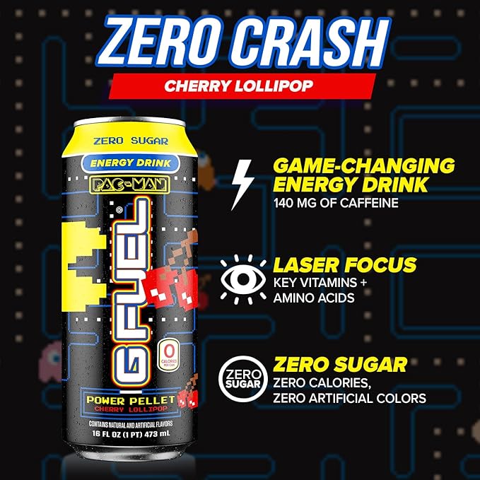 G Fuel Energy Drink Cherry Lollipop Sugar Free Beverage with 140mg Caffeine Daily Energy Boost with Focus Amino Vitamin + Antioxidants 16 oz Cans (Pac-Man Power Pellet 12-Pack)