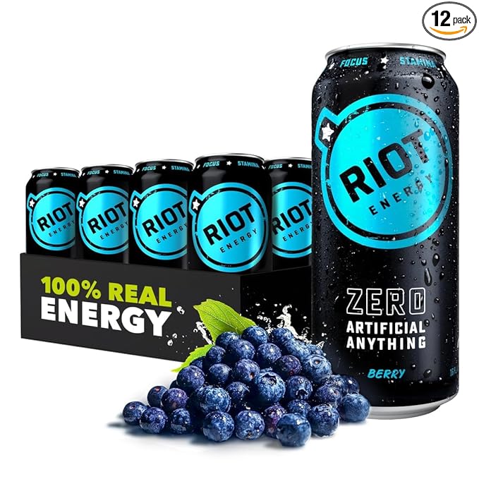 RIOT Clean Energy Drink – No Sucralose No Sugar Added No Artificial Flavors | 160mg Natural Caffeine + 100mg L-Theanine | Clean Focus Stamina &amp Smooth Energy | 16 Fl Oz (Pack of 12) (Berry)