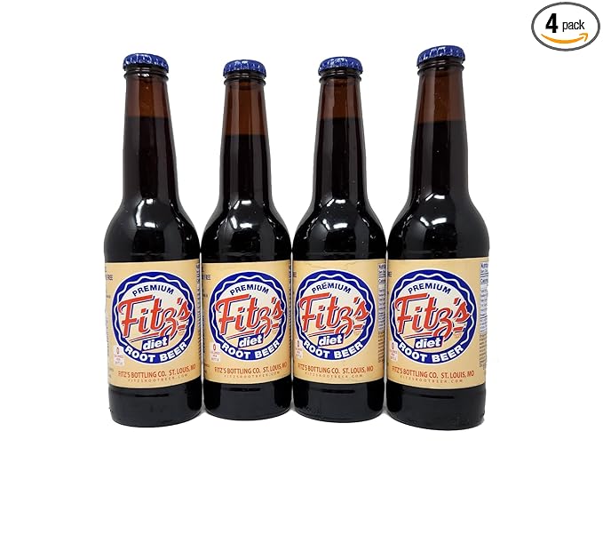 Premium Fitz's Soda Pop 12oz Glass Bottle Pack of 4 Soft Drink Fitz Fitzs (Diet Rootbeer Root Beer)
