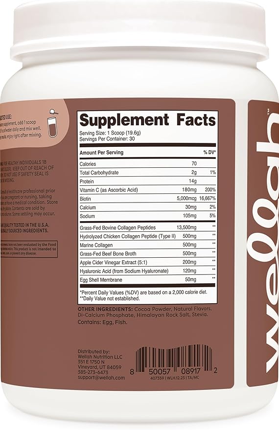 Wellah The Afterglow Multi Collagen Protein + Beauty (30 Servings Chocolate) - Hair Skin Nail &amp Joint Support - Non-GMO &amp Gluten Free