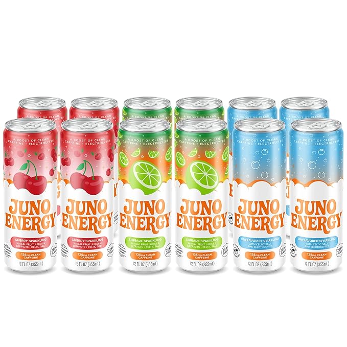 JUNO ENERGY Variety Pack - Sugar Free Electrolytes 125mg Organic Caffeine from Green Coffee Beans Hydrating with Stevia Sweetener Organic Lime &amp Cherry Juice - Vegan Gluten Free 12 Pack