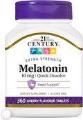 21st Century Melatonin 10mg Extra Strength (360 Count) Quick Dissolving Sleep Aid for Adults Promotes Relaxation and Restful Sleep Non-Habit Forming Gluten-Free Cherry Flavor