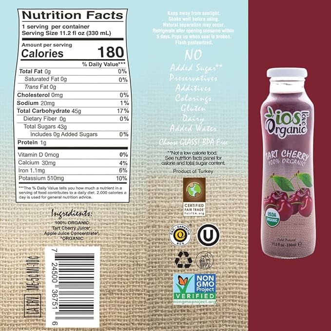 IOS Love Organic - Tart Cherry Juice 12 Pack of 11.2 Fl Oz Glass Bottles Cold Pressed No Added Sugar No Preservatives Vegan &amp Gluten Free