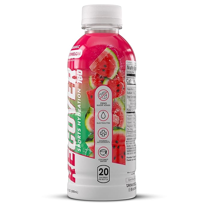 RECOVER 180 Organic Sports Hydration Drink No Sugar Added 20 Calorie Sports Beverage Organic Flavors With Vitamins Potassium-Packed Electrolytes (16.9 Fl Oz (Pack of 12) Watermelon)