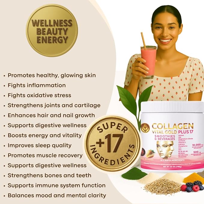Vital Life Collagen Peptides Powder +17 Super Ingredients 1.6 lb (Pack of 6) Red Berries Flavor Supports Hair Skin Nails Bones Joints &amp Digestive Health Collagen for Women &amp Men.