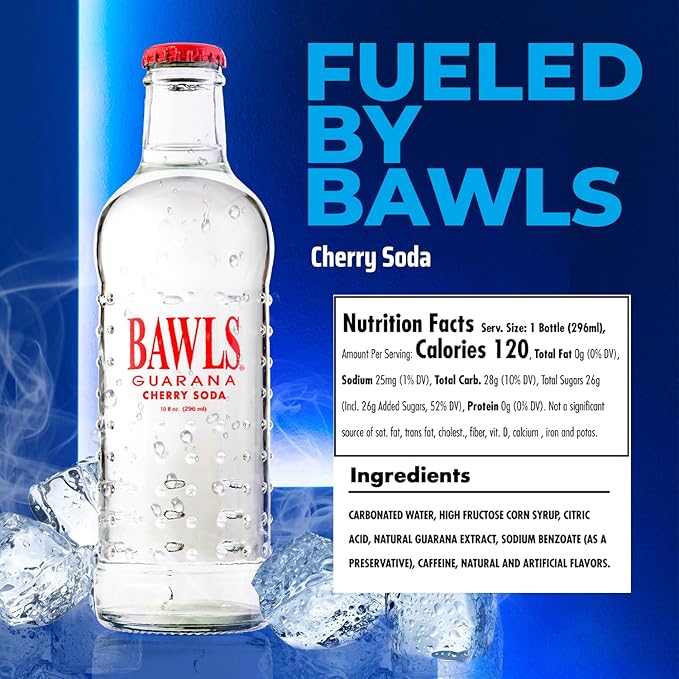 BAWLS Guarana Cherry BAWLS Guarana Drink Guarana Soda Guarana Fueled Soda for Energy High Energy Caffeinated Drink 10oz 12 Pack Glass Bottles