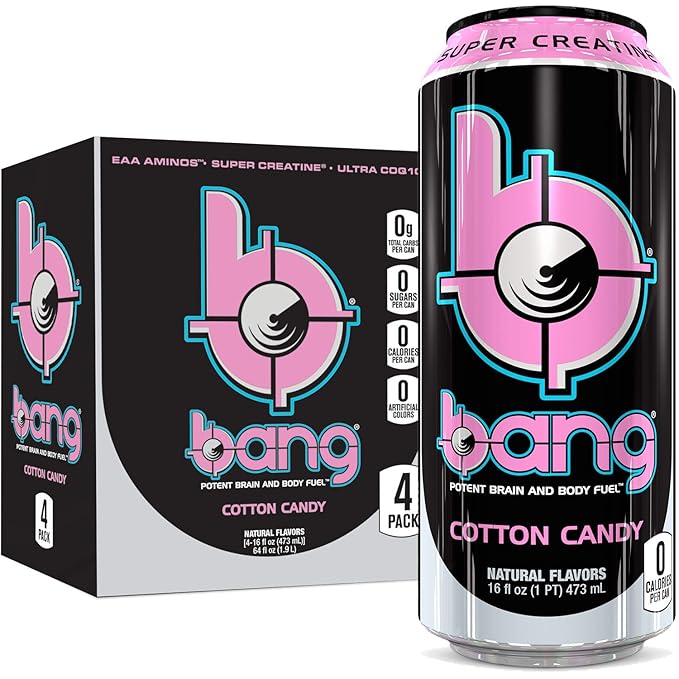 Bang Cotton Candy Energy Drink 0 Calories Sugar Free with Super Creatine 16oz 4 Count